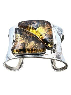 Vintage Hallmarked Natural Amber Cuff Bracelet Sterling Silver Adjustable